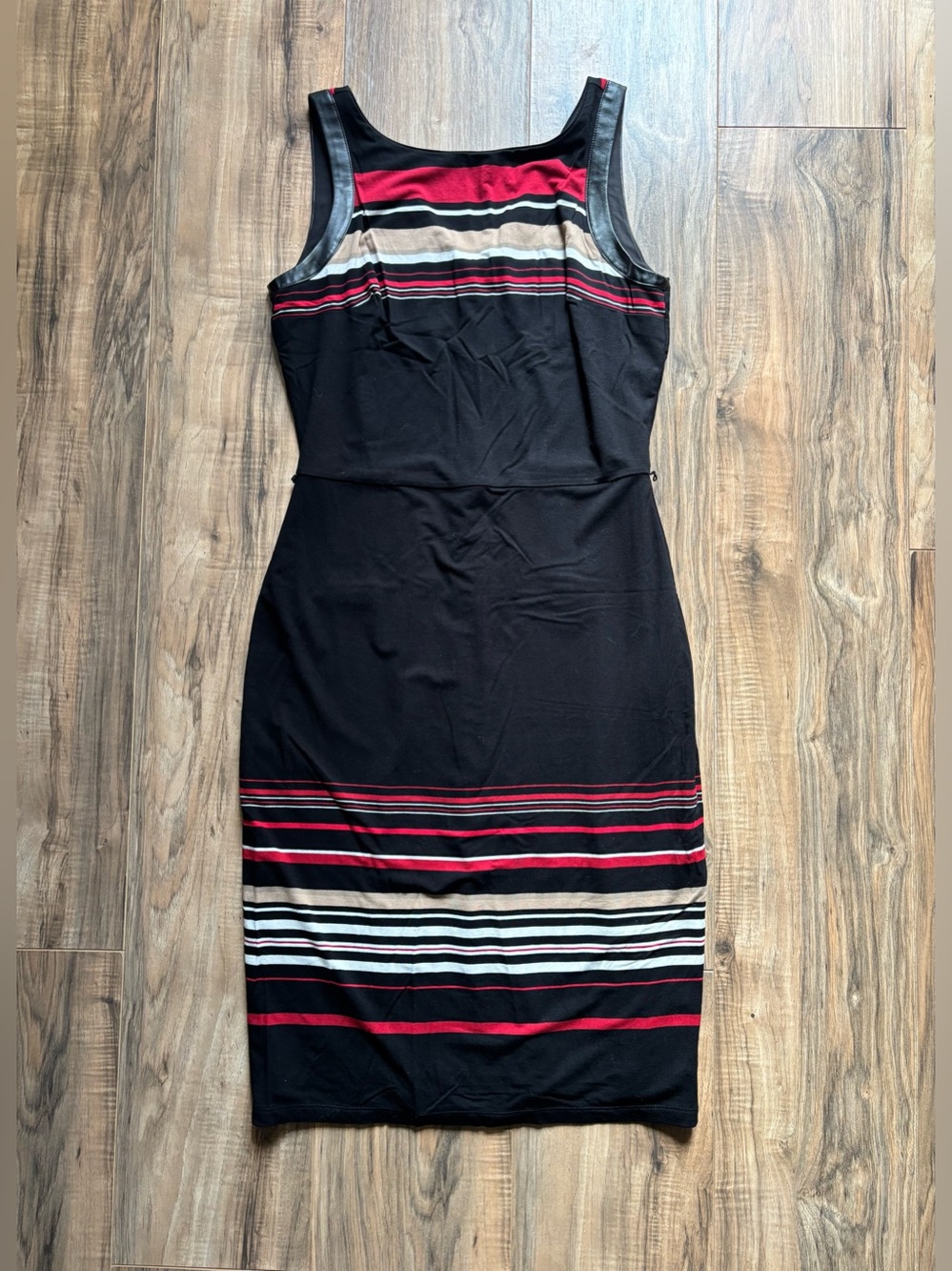 White House Black Market Striped Faux Leather Trim Midi Sheath Dress Size 8